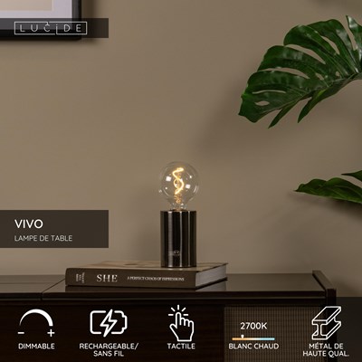 Lucide VIVO - Lampe de table Rechargeable - Batterie/Piles - Ø 8 cm - LED Dim. - E27 - 1x1W 2700K - Canon Fusil Mat